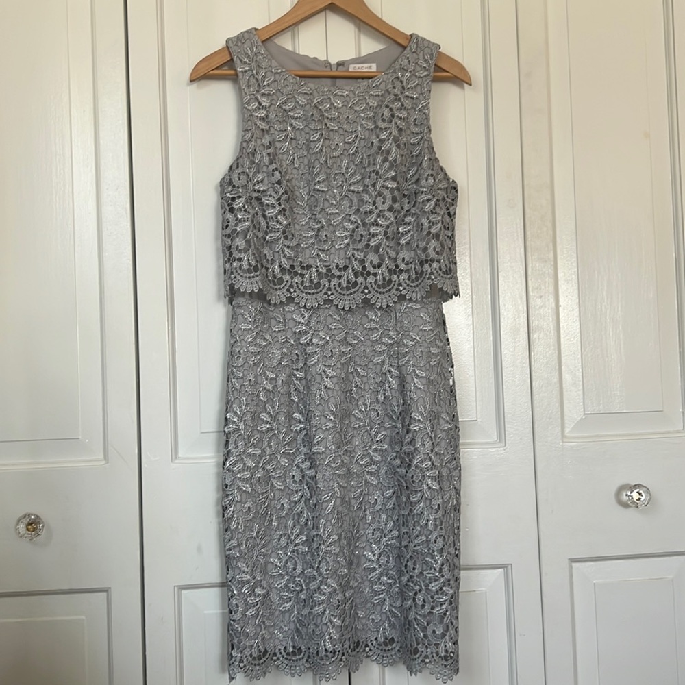 Gray sparkle lace cocktail knee length dress. With sheer waist detail.
